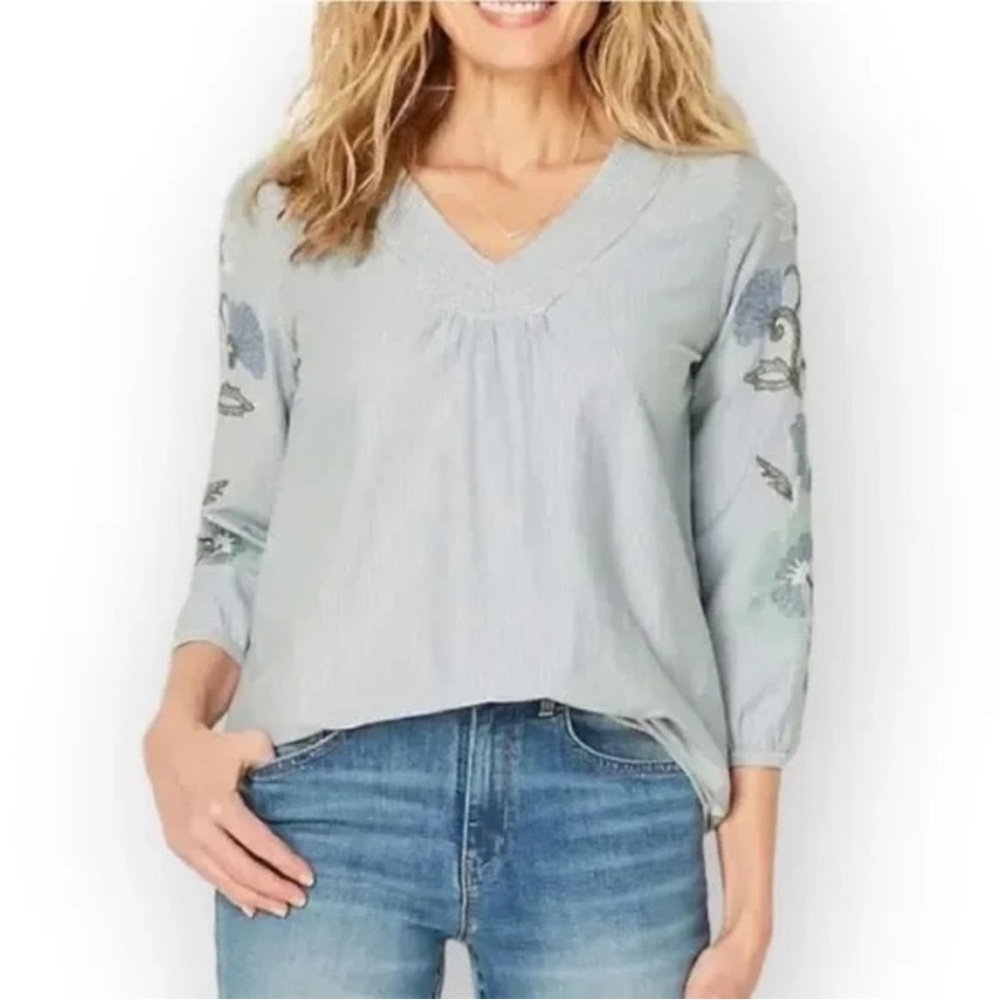 J. Jill Light Blue V-Neck Embroidered Sleeve Blouse